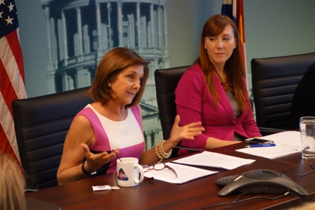 At left: Sen. Gail Schwartz speaks to CACI's Energy & Environment Council, At Right: Carly West, CACI Governmental Affairs Representative